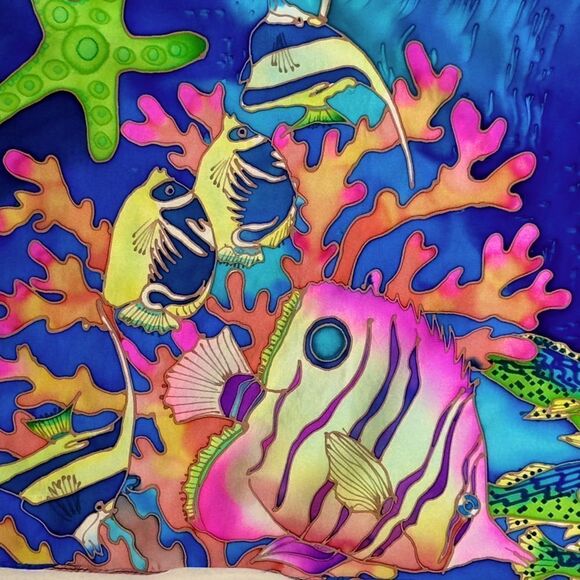 Vintage Lee Caldwell hand painted silk mtropical fish ocean scarf fabulous - Picture 3 of 15